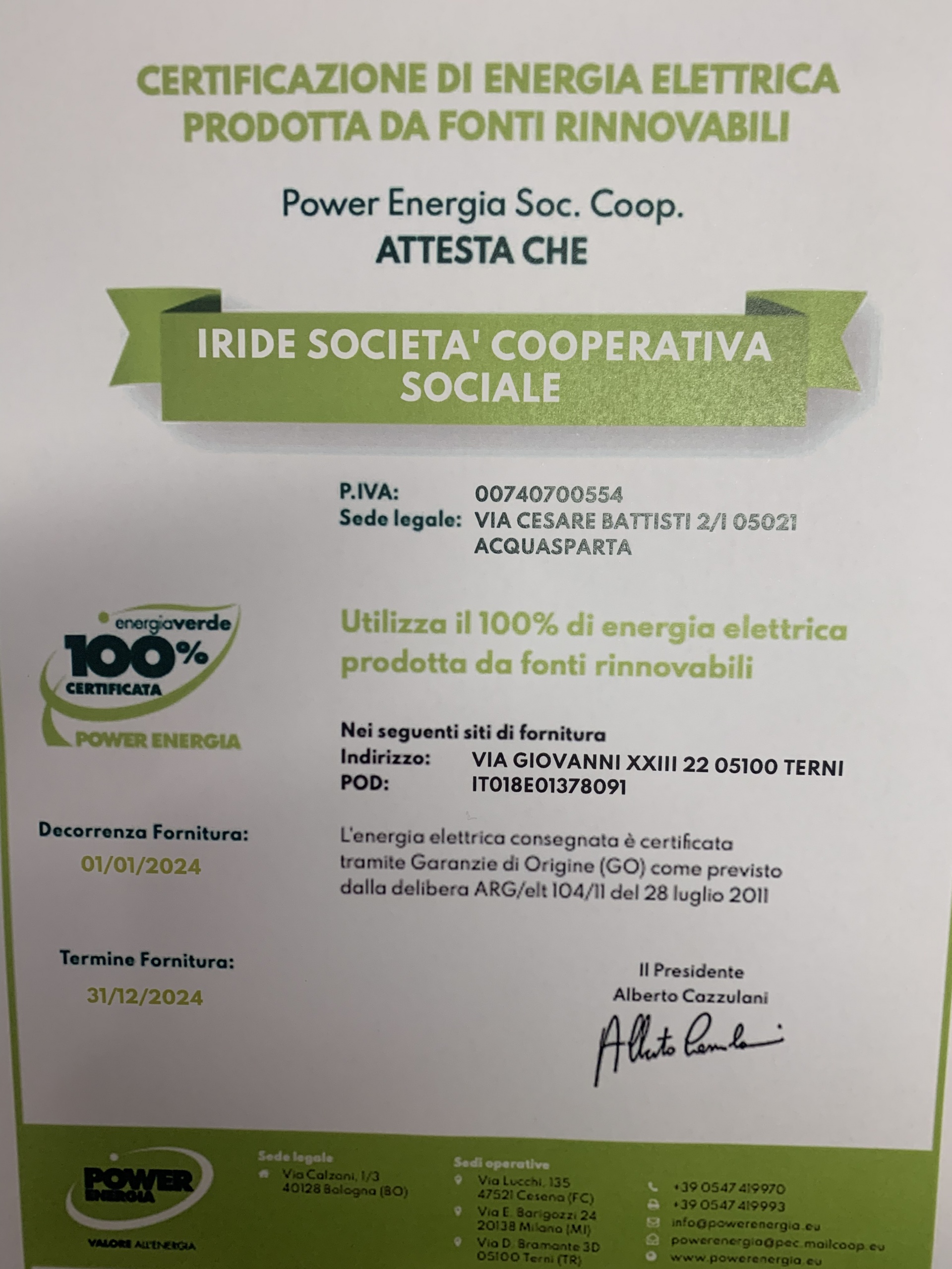 Certificazione utilizzo energia verde 100%